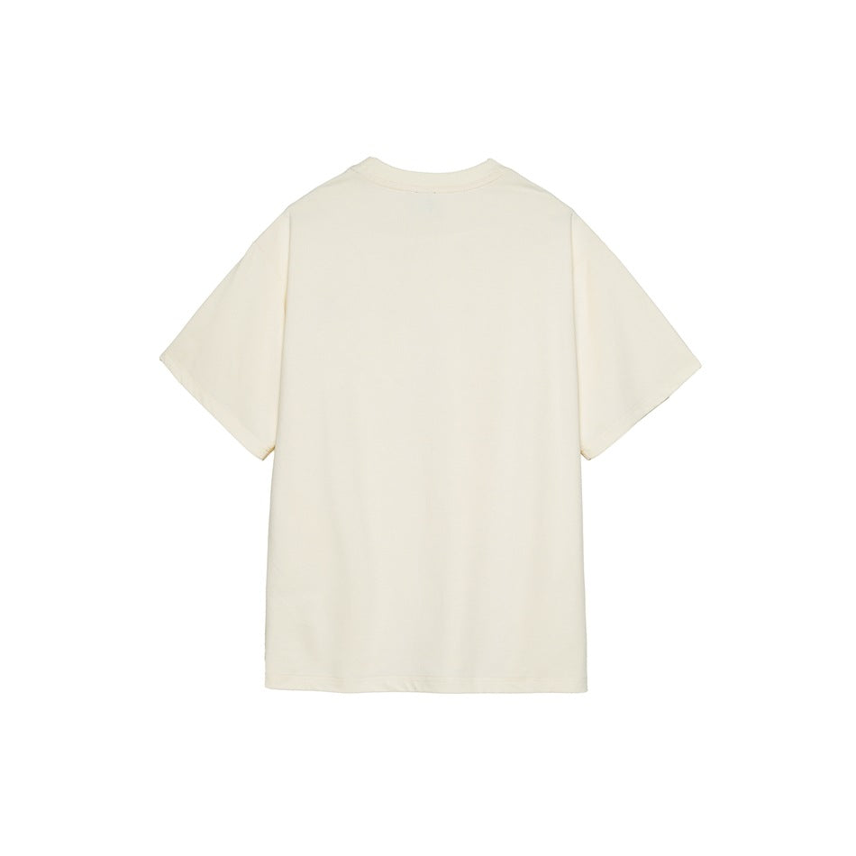 Back view of plain beige short-sleeve crew-neck T-shirt with no graphics