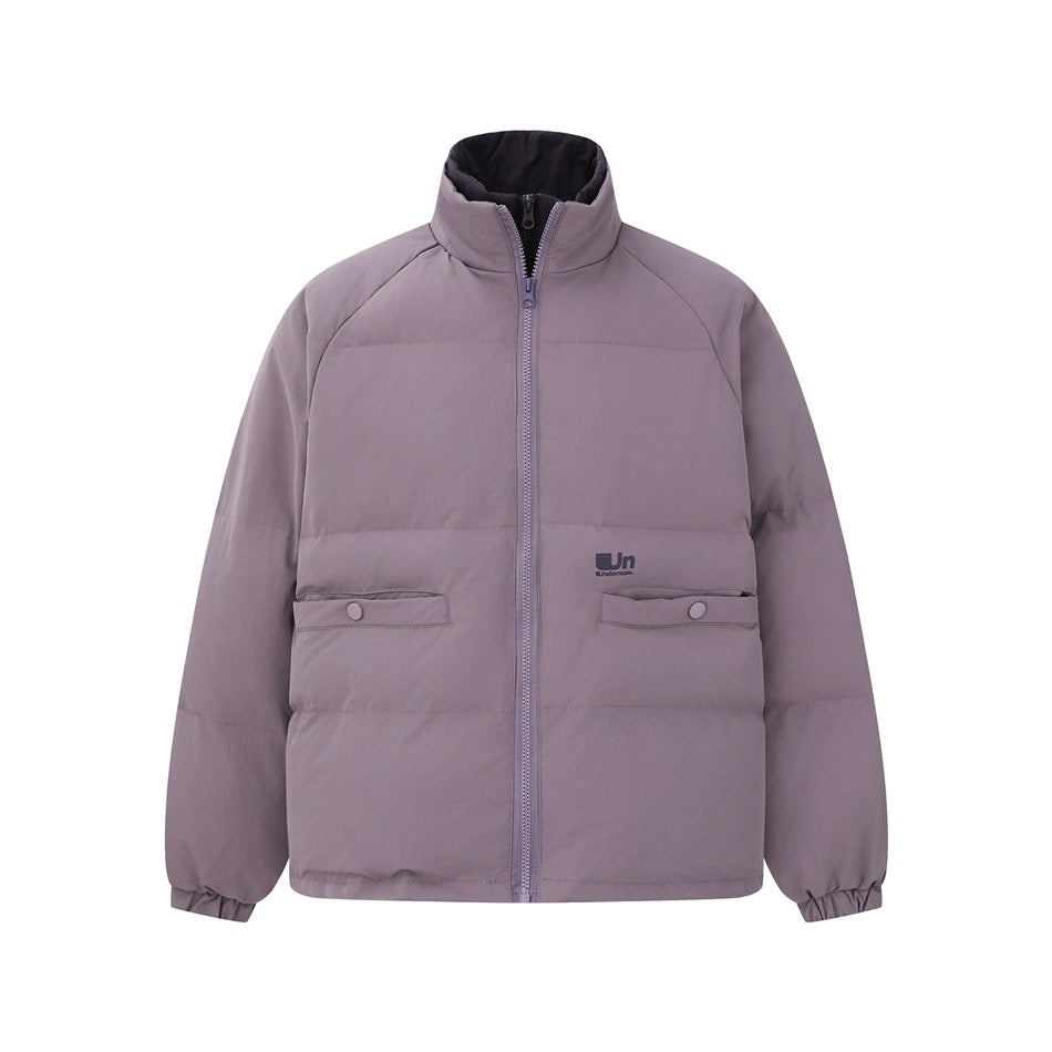Purple quilted stand-collar zip jacket with snap-flap pockets and dark inner collar, flat front view
