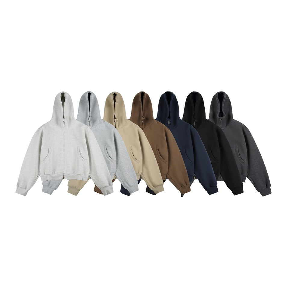 Seven front-facing zip-up hoodies in light gray, beige, brown, navy, black, and charcoal.
