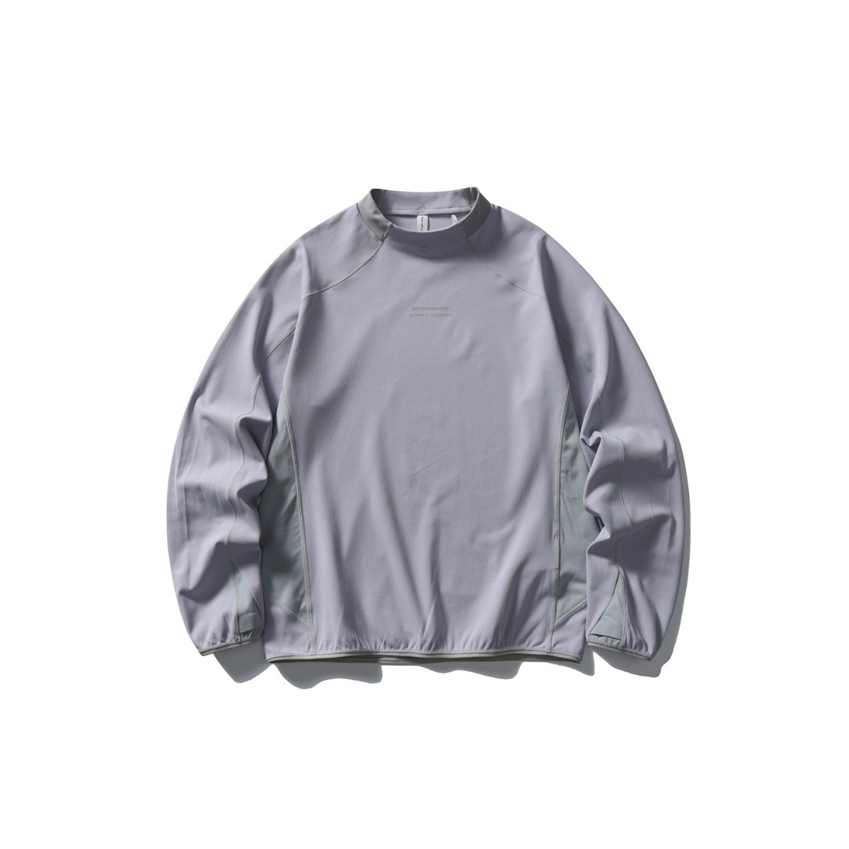 Lavender gray long-sleeve mock neck top with gray-green collar trim, side panels and stitching, flat lay