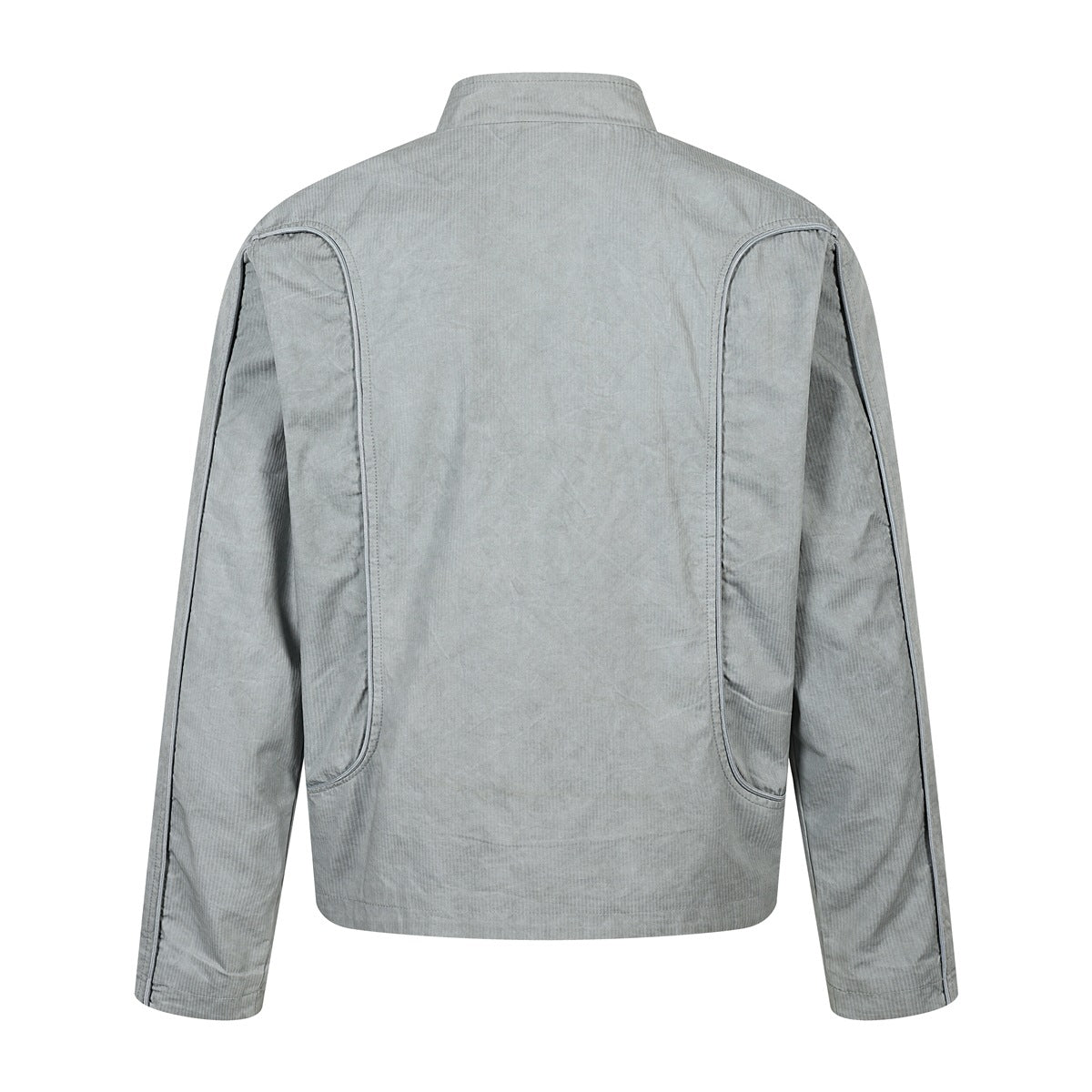 Back view of gray-green stand-collar jacket with curved piped panels and piped sleeve seams
