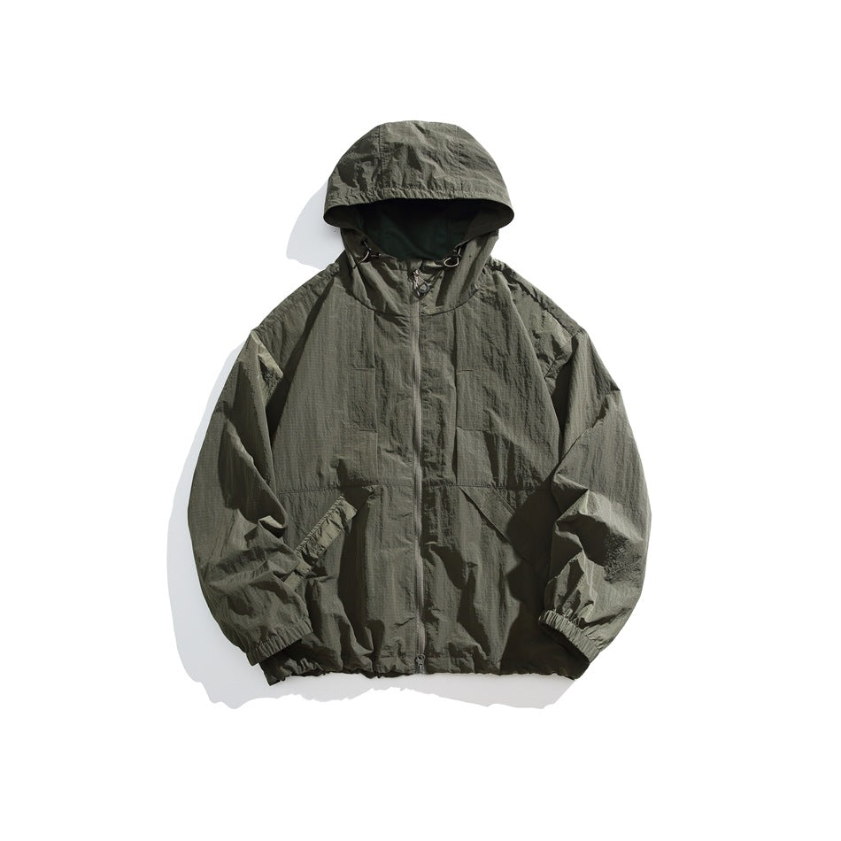 Front view of an olive-gray hooded jacket with a front zipper, drawcords, and angled pockets, laid flat on white.