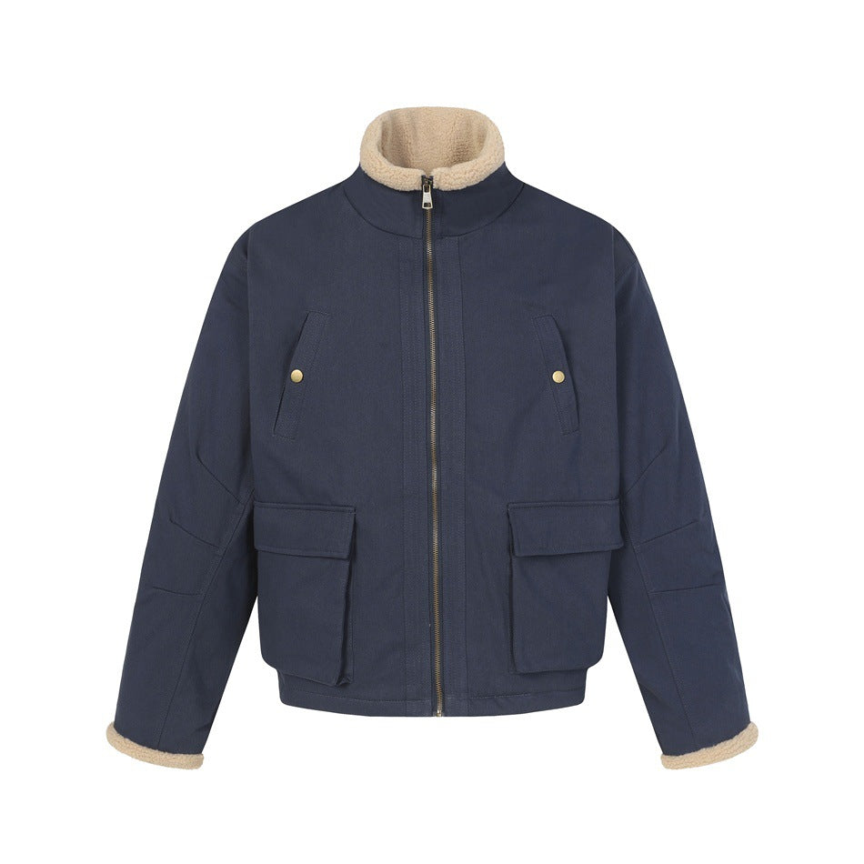 Navy zip-front jacket with beige fleece-like collar and cuffs, two large flap pockets and gold-tone snap buttons