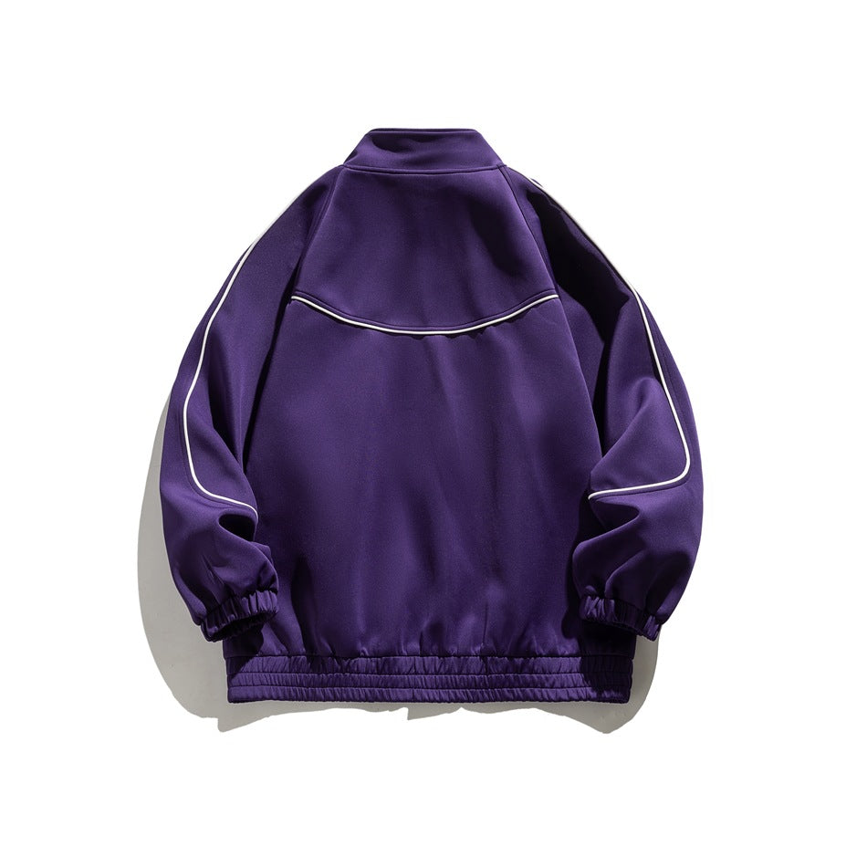 Back view of a purple zip-up track jacket with white piping across the shoulders and sleeves.