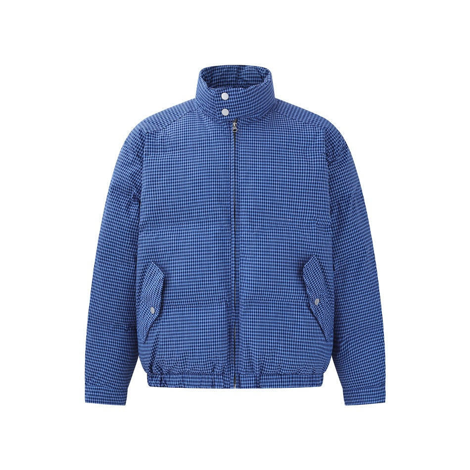 Blue check quilted jacket with stand collar, front zip, snap flap pockets and elastic hem, front view