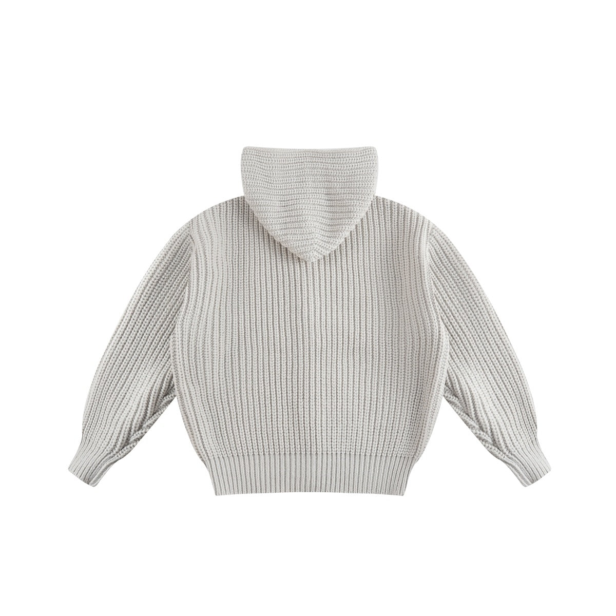 Back view of an off-white rib-knit hooded cardigan laid flat on a white background.