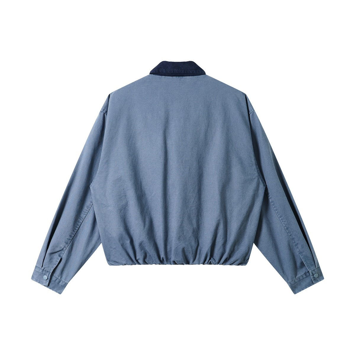 Back view of a blue jacket with a dark collar, long sleeves, snap cuffs, and gathered hem.