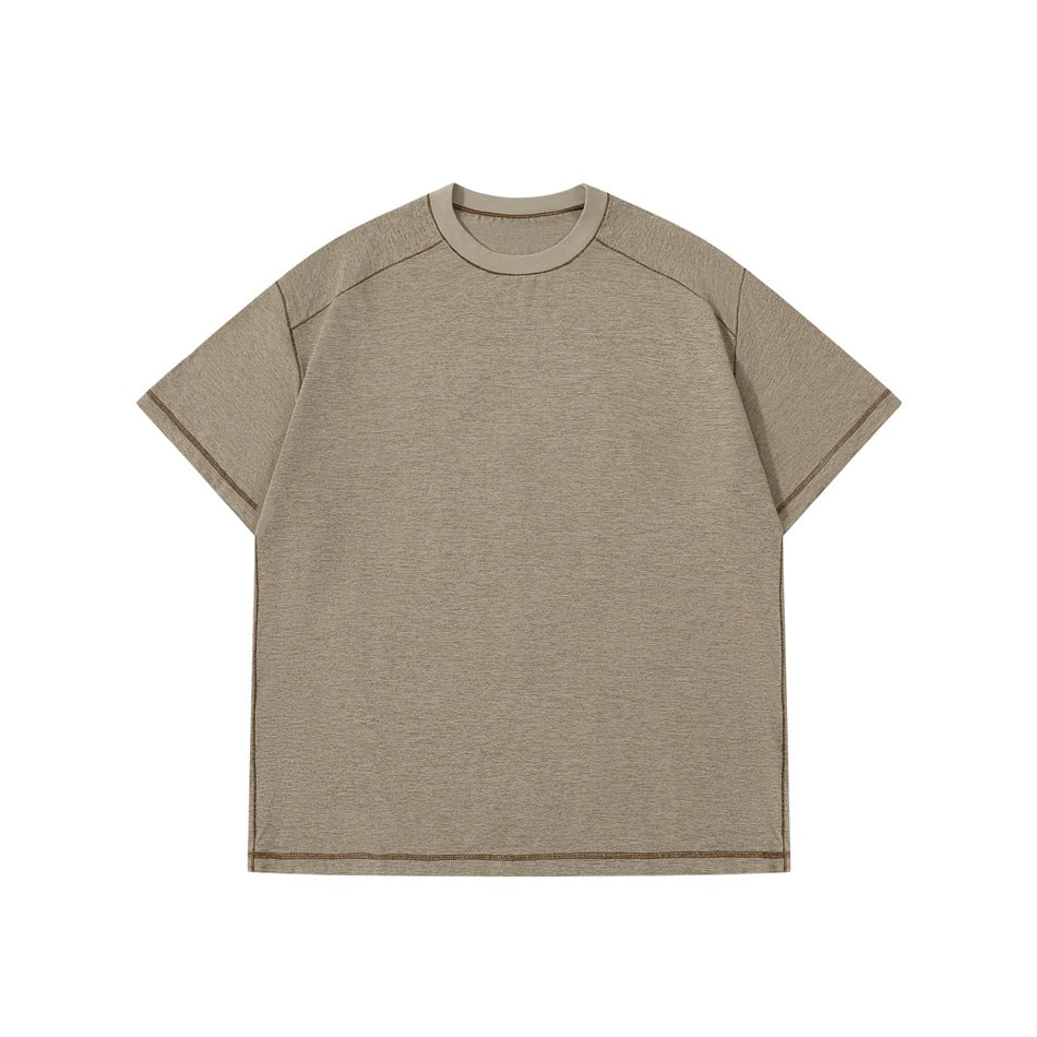 Khaki short-sleeve crew-neck T-shirt flat lay with contrast brown topstitching