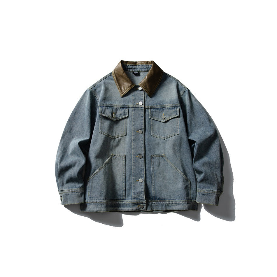 Front of a blue washed denim jacket with brown collar, button front, chest flap pockets and large lower pockets