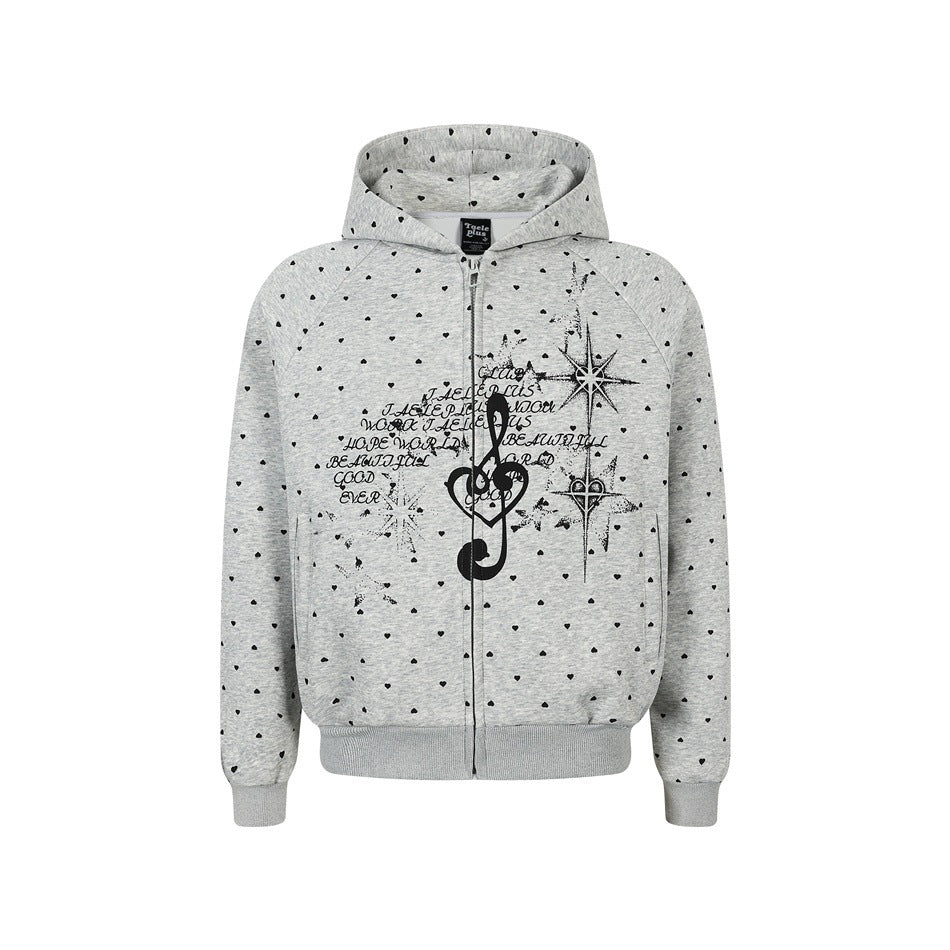 Heather gray zip-up hoodie with black heart print and a treble clef, star and script graphic, front view
