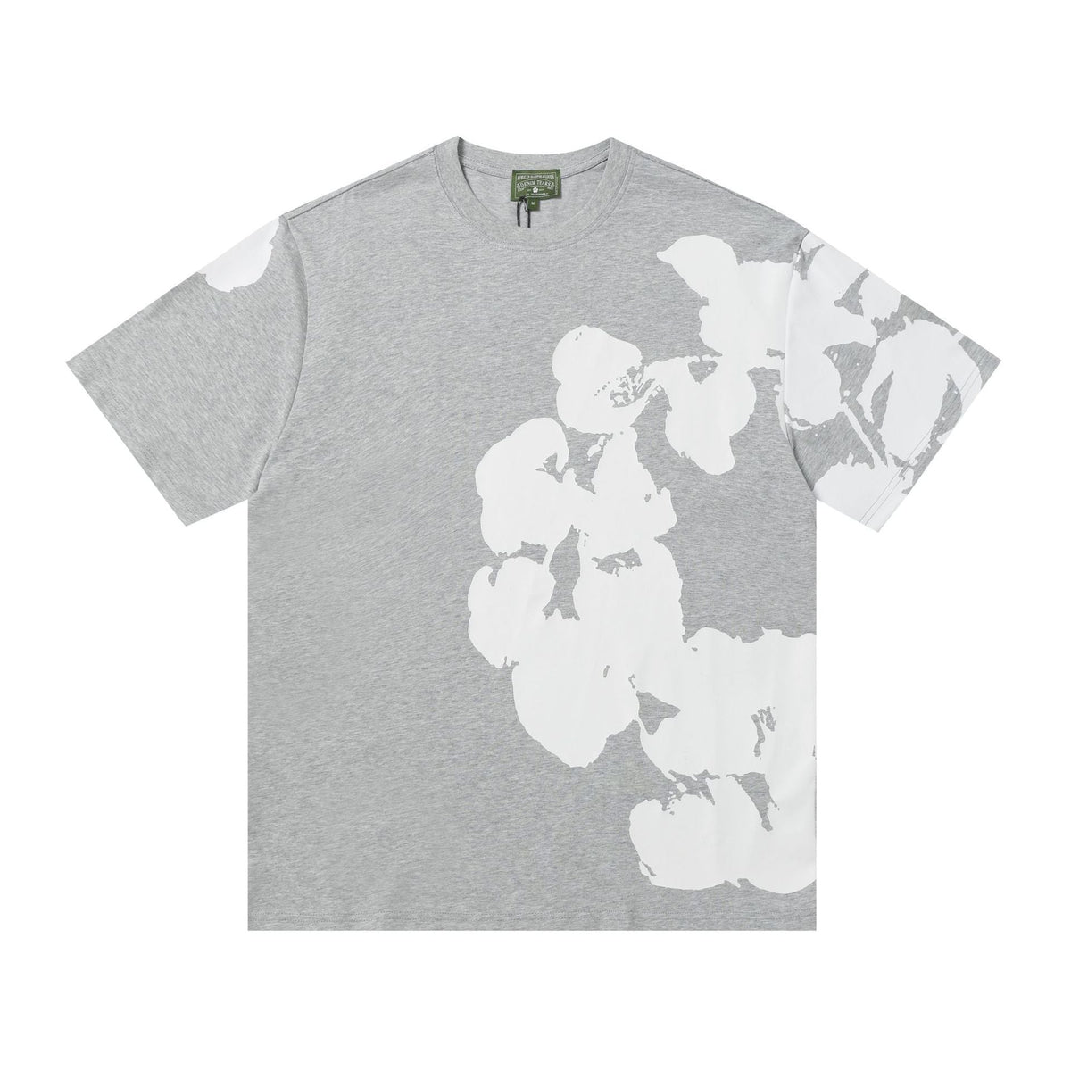 Denim Tears grey heather T-shirt with oversized white floral graphic print on front and sleeves