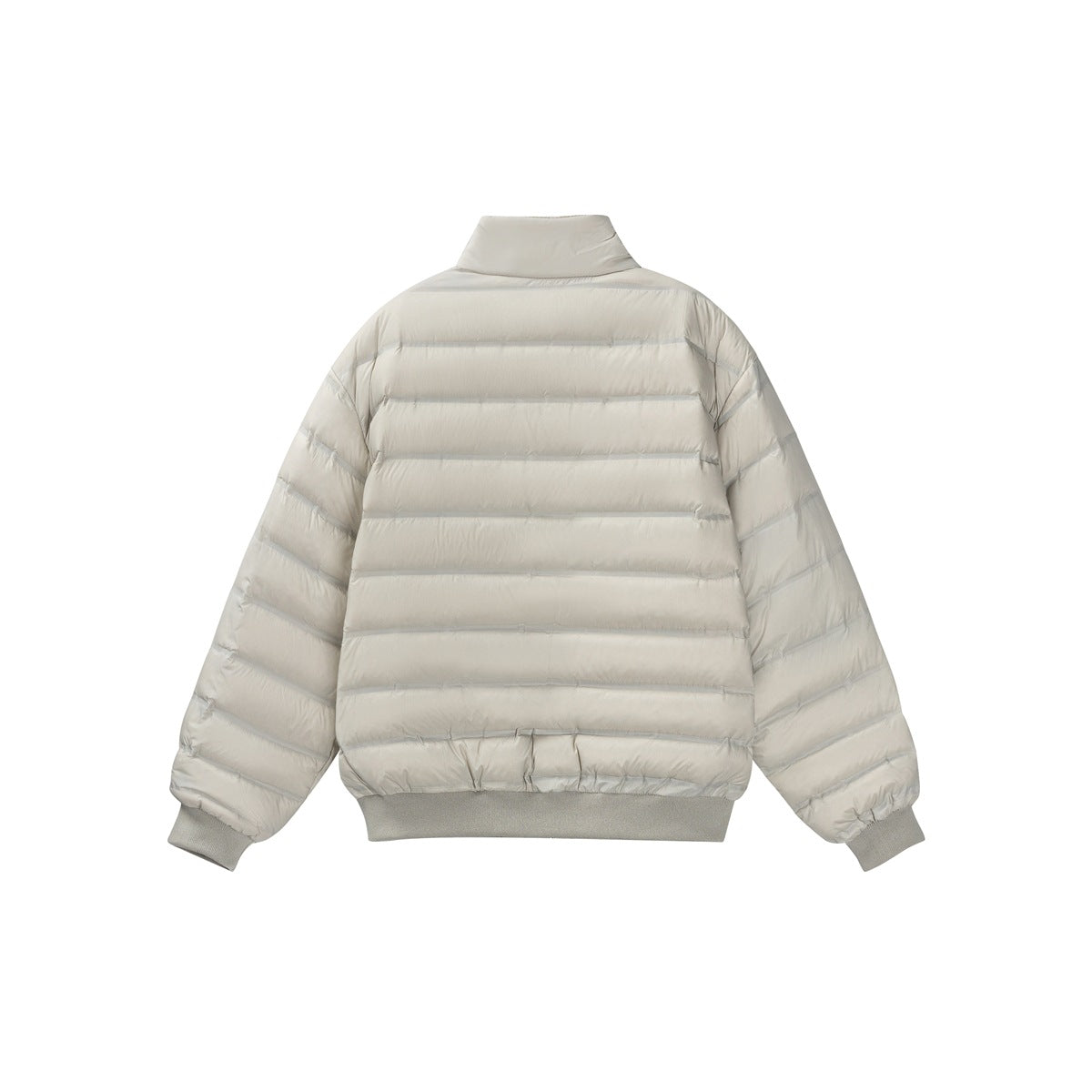 Back view of a light beige quilted jacket with a stand collar, horizontal padding, and ribbed cuffs and hem.
