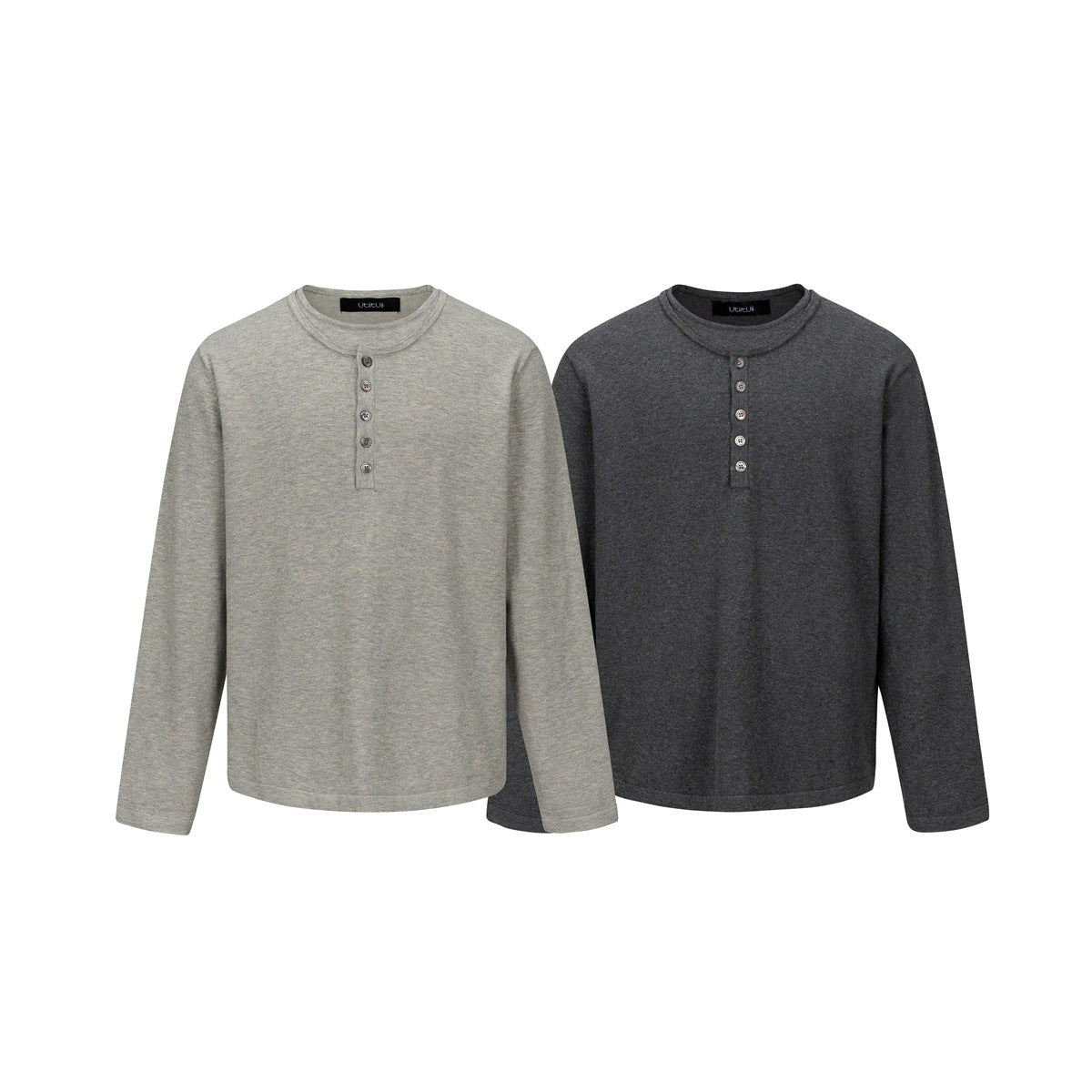 Two long-sleeve crewneck shirts with short button plackets, in light heather gray and charcoal gray.