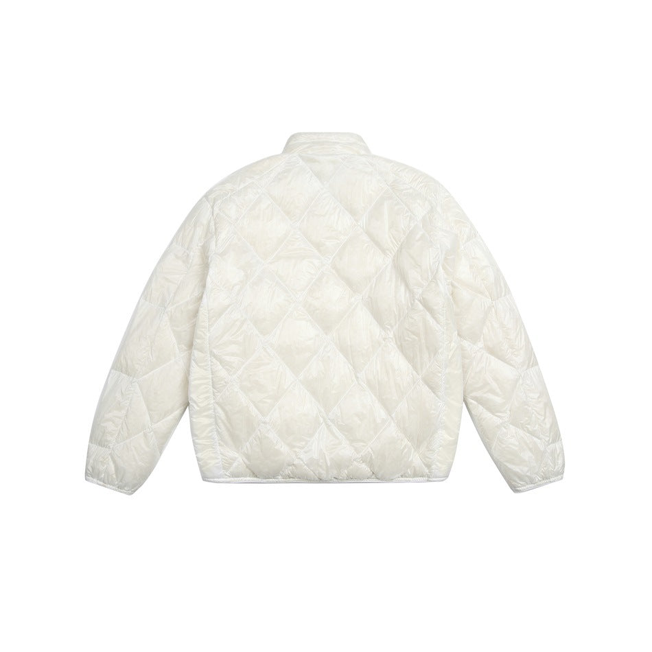 Back view of an off-white quilted jacket with diamond stitching, long sleeves and a short stand collar.