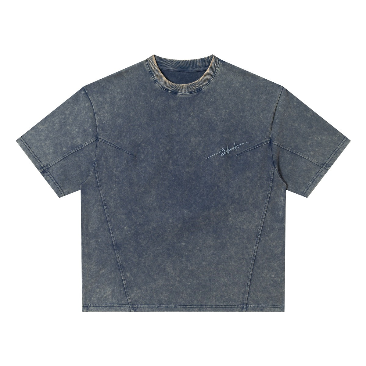Washed blue short-sleeve crew-neck T-shirt with mottled finish, panel seams and embroidered script on the chest