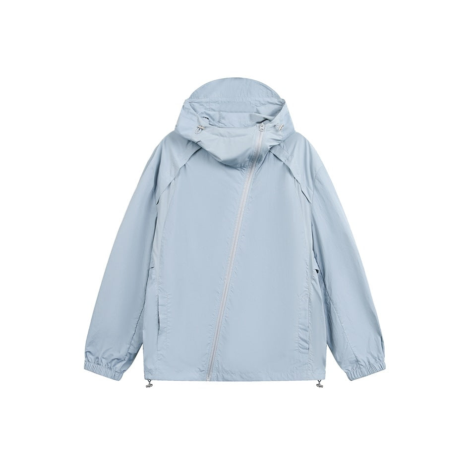 Light blue hooded jacket with diagonal zipper and drawcord hem, flat front view