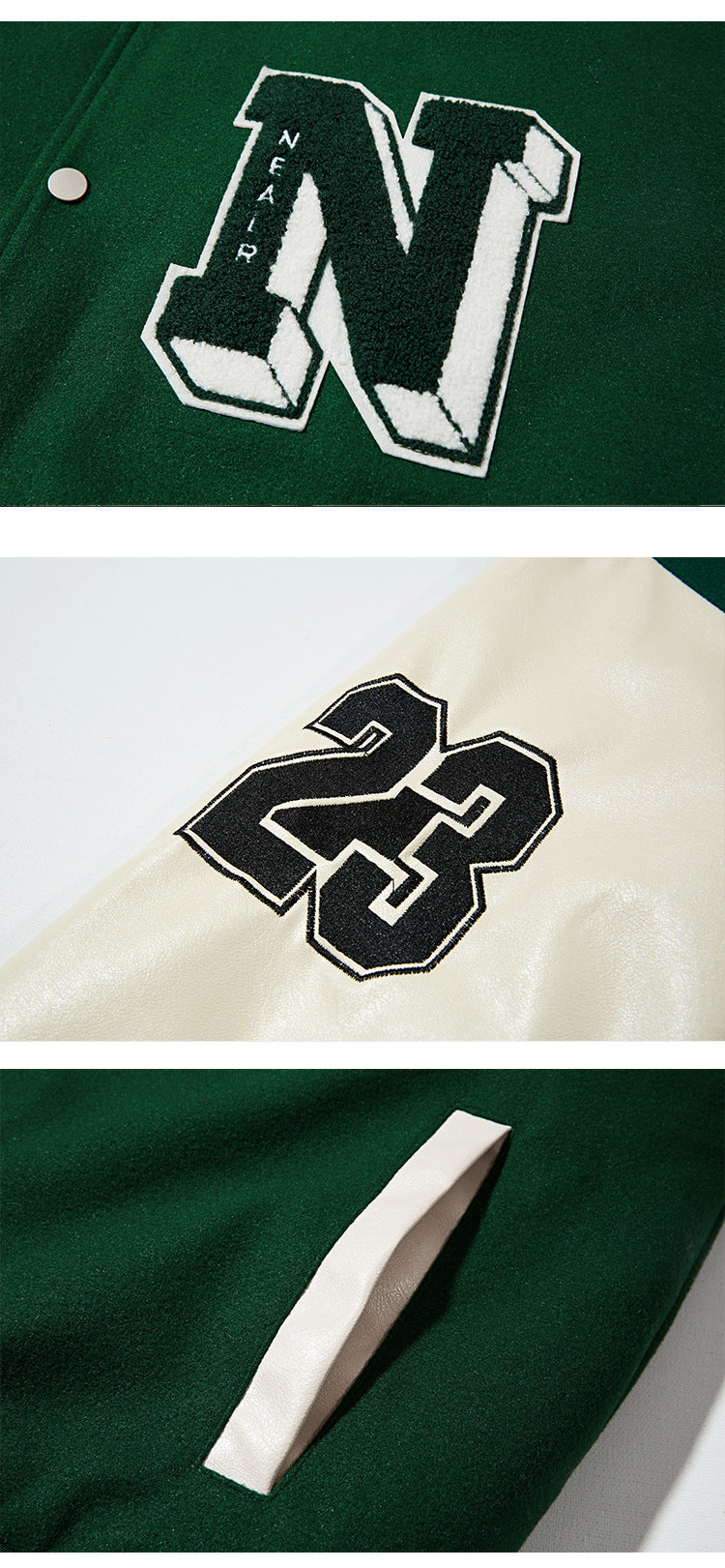 Three close-ups show a varsity letter patch, a numbered sleeve patch, and an ivory-trimmed pocket on a green jacket.