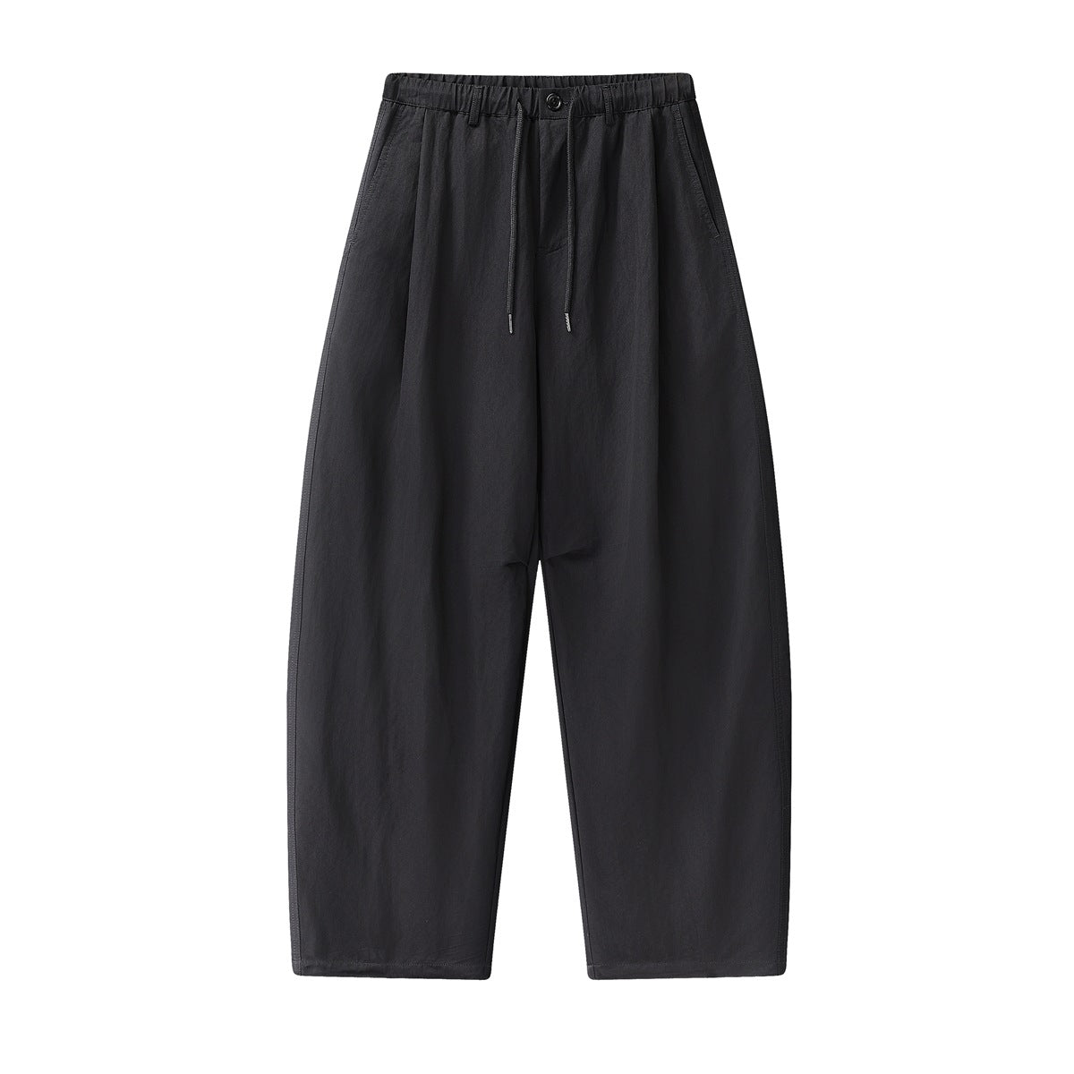 Black wide-leg barrel pants with elastic drawstring waist, front button and pleats, flat lay front view