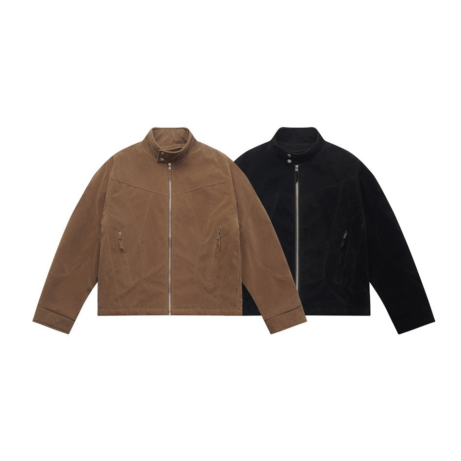 Brown and black stand-collar jackets shown from the front, each with a full-length zipper and zip pockets.