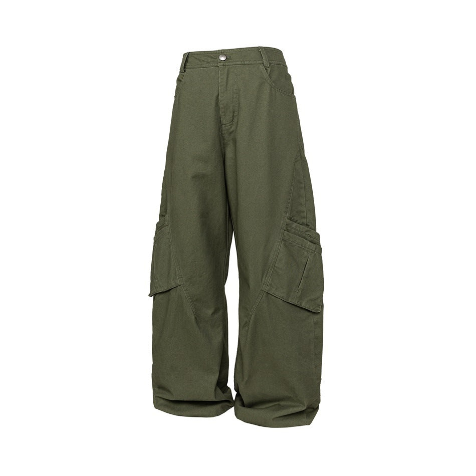 Army green wide-leg cargo pants with large side flap pockets on a plain white background