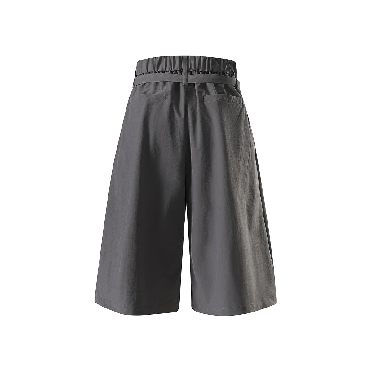 Back view of dark gray wide-leg shorts with elastic waistband, back belt strap and two welt pockets