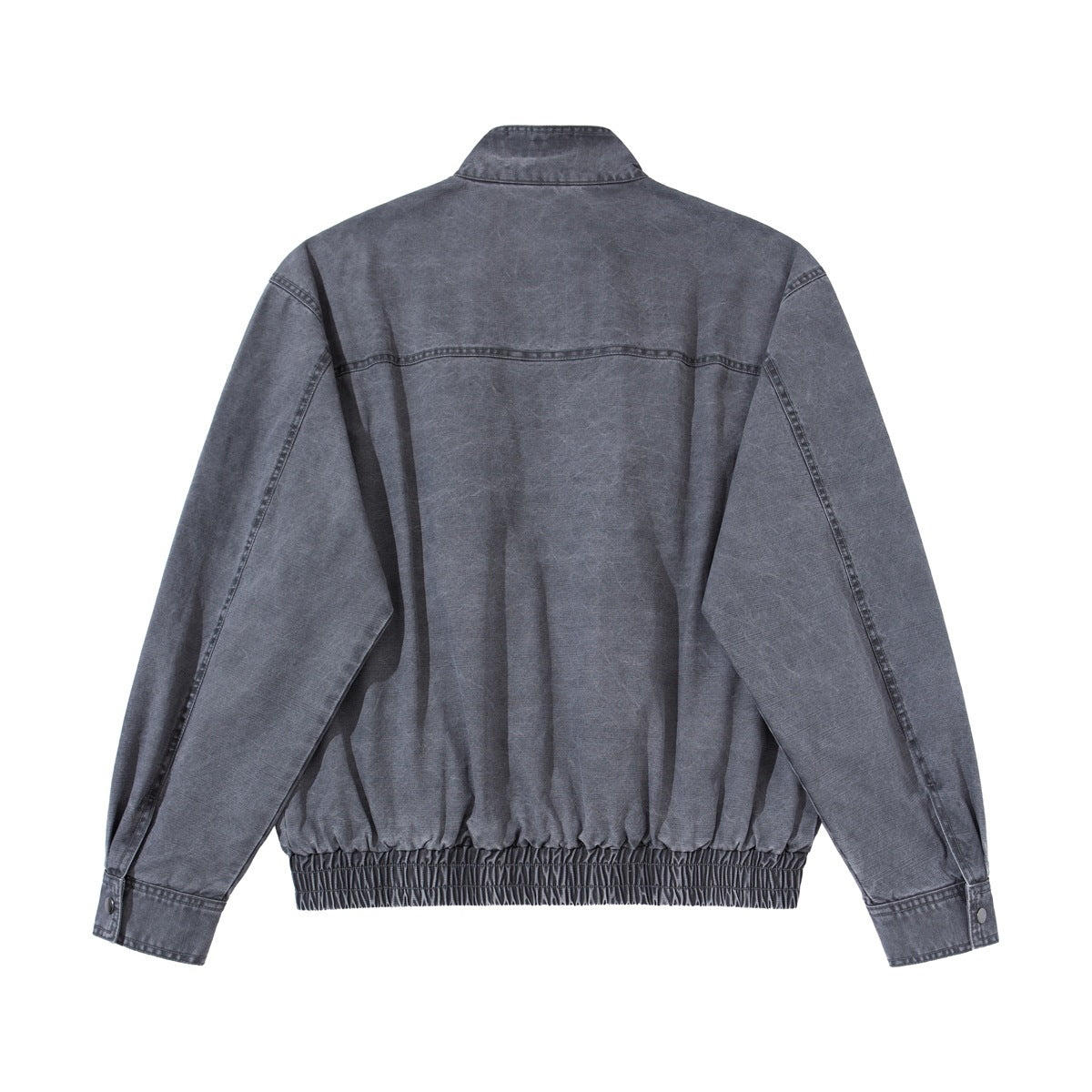 Back view of a slate-gray jacket with a stand collar, long sleeves, and an elasticated hem.