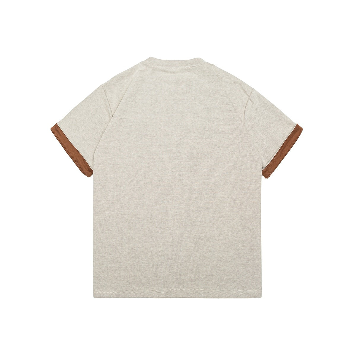 Back view of a cream short-sleeve crew-neck shirt with brown sleeve trim.