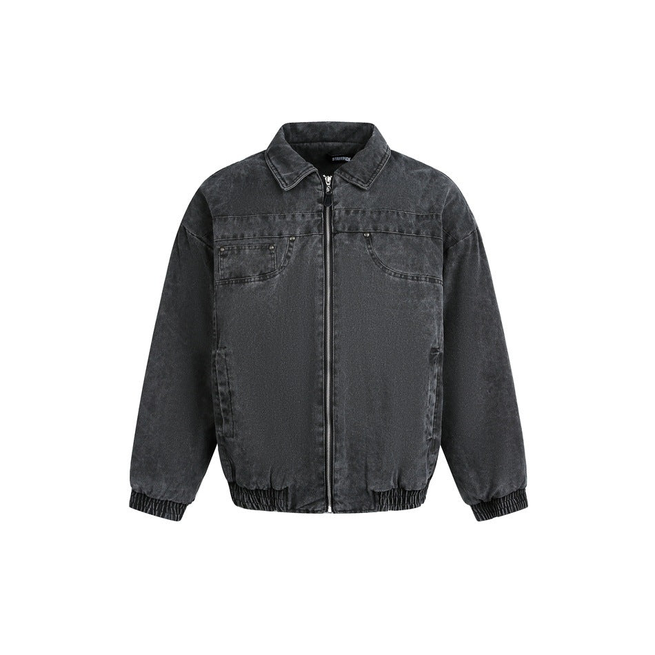 Washed black collared zip-front jacket with chest seam detail and ribbed cuffs and hem, flat front view