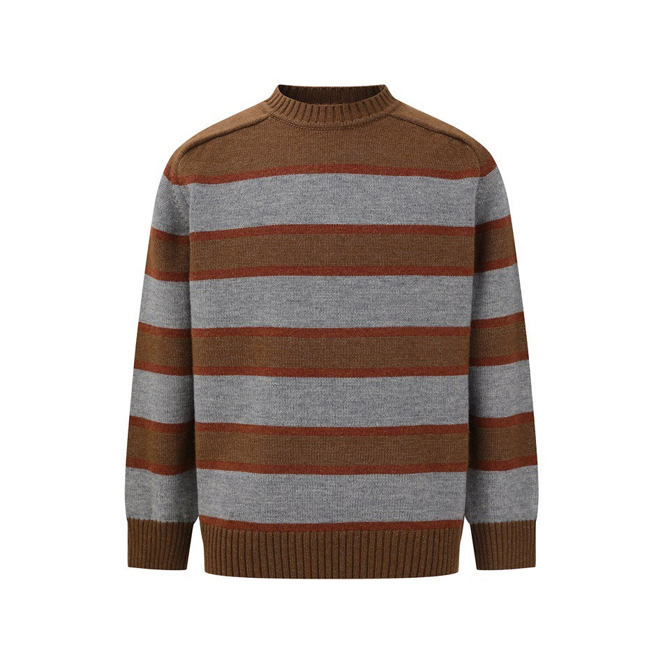 Brown and gray striped crew-neck knit sweater with rust accent stripes and ribbed trim, front view on white