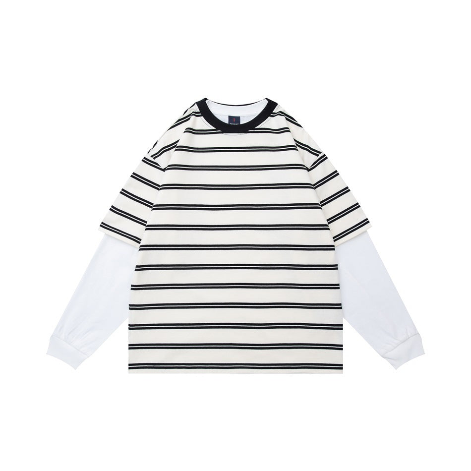 Off-white and black striped layered tee with contrast collar and white long sleeves, flat lay front view