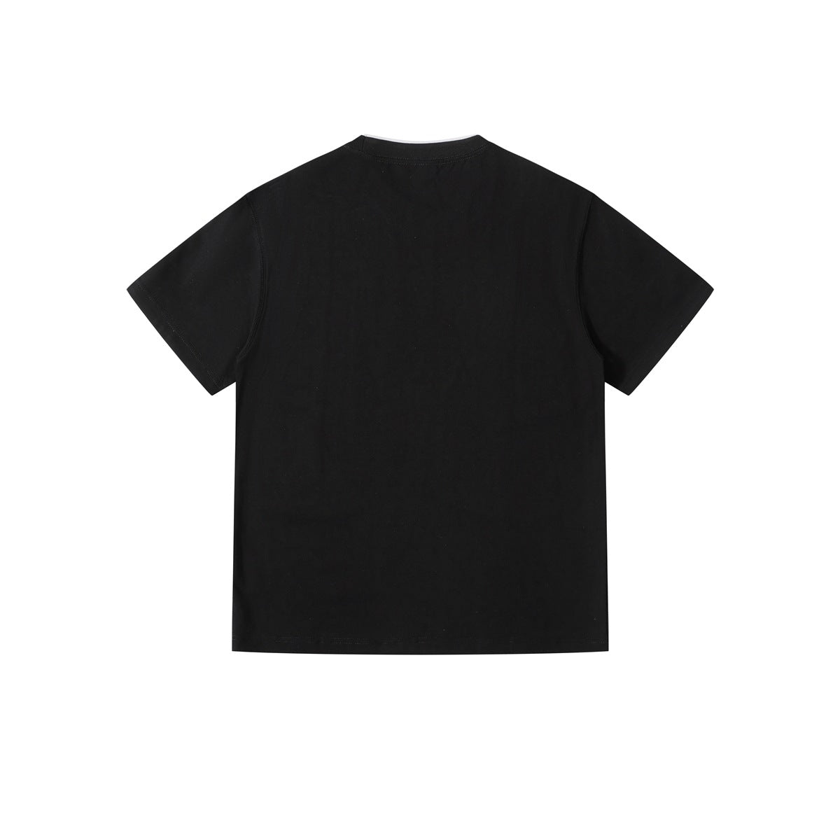 Back view of a plain black short-sleeve crew-neck T-shirt.