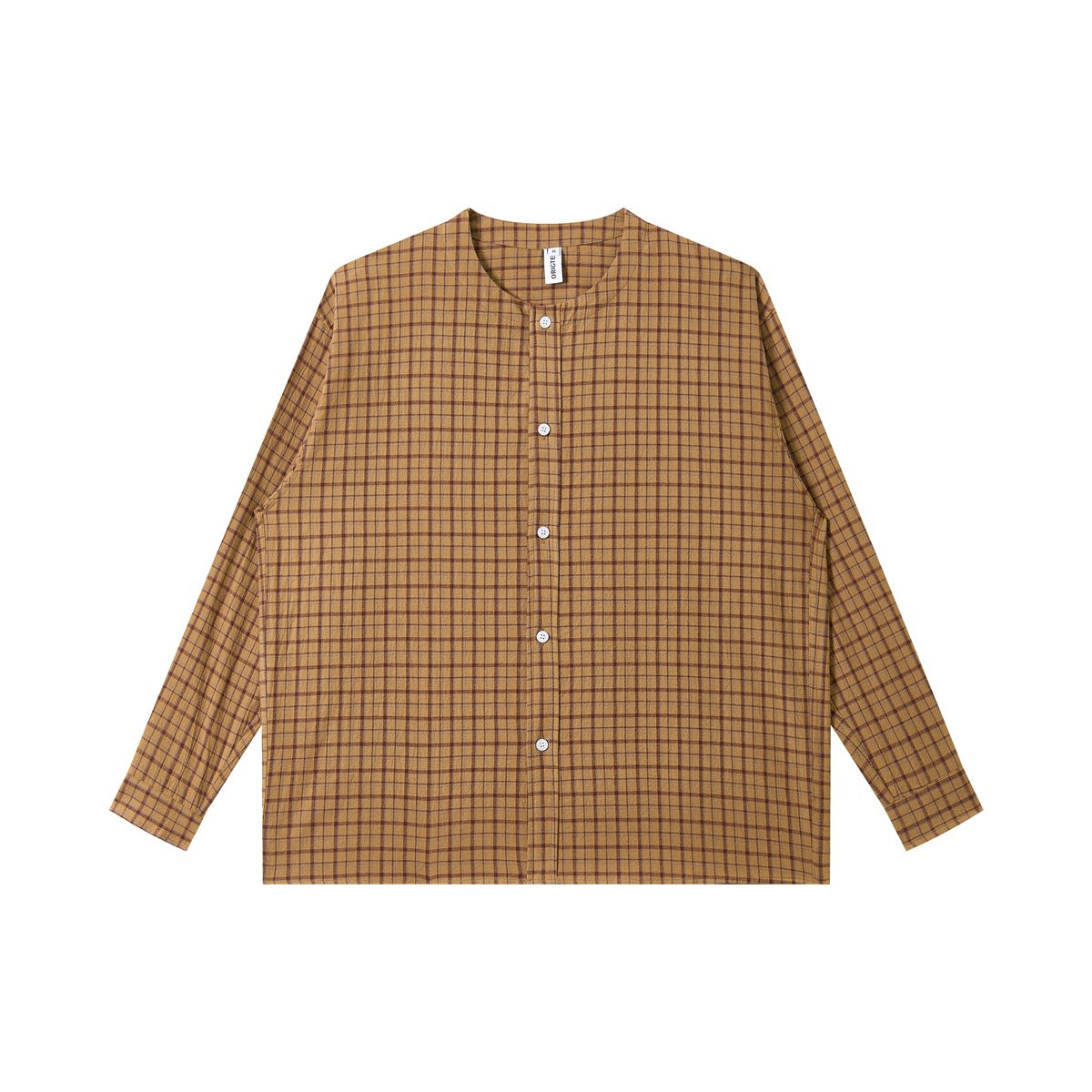 Khaki and brown windowpane check long-sleeve collarless button-front shirt laid flat, front view