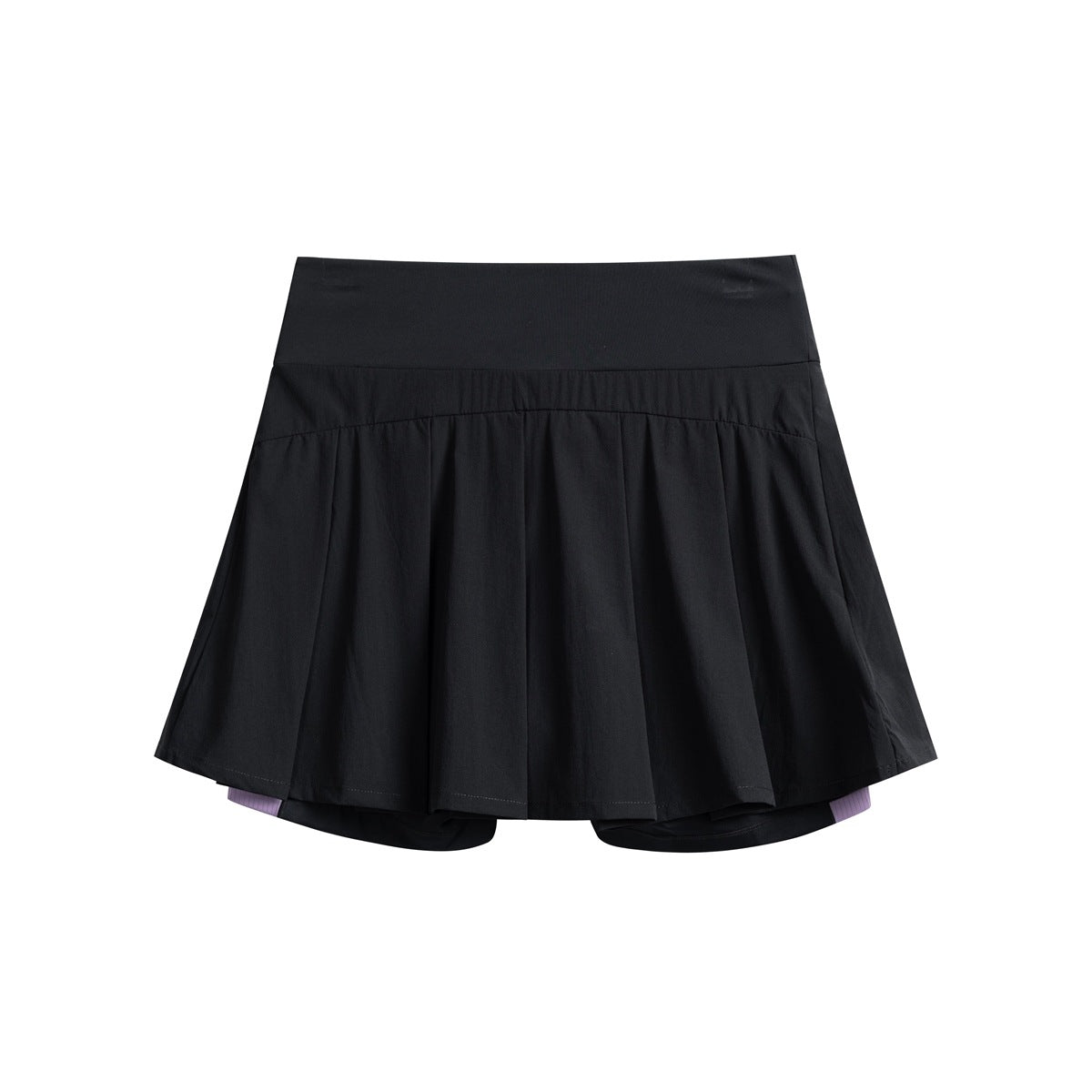 Black pleated athletic skirt with a wide waistband and built-in shorts visible underneath.