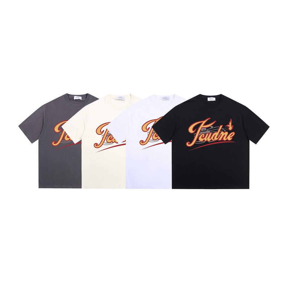 Four short-sleeve graphic T-shirts shown together in charcoal gray, cream, white, and black.