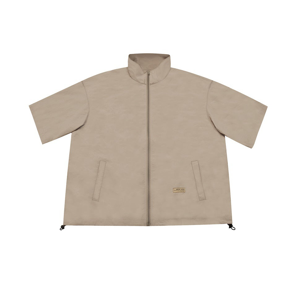 Khaki short-sleeve stand-collar zip jacket, front flat lay with slanted pockets and hem drawcords
