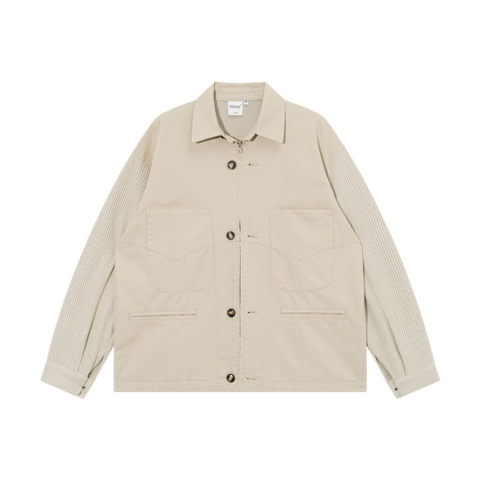 Apricot collared jacket with button front, large chest pockets and light striped ribbed sleeves