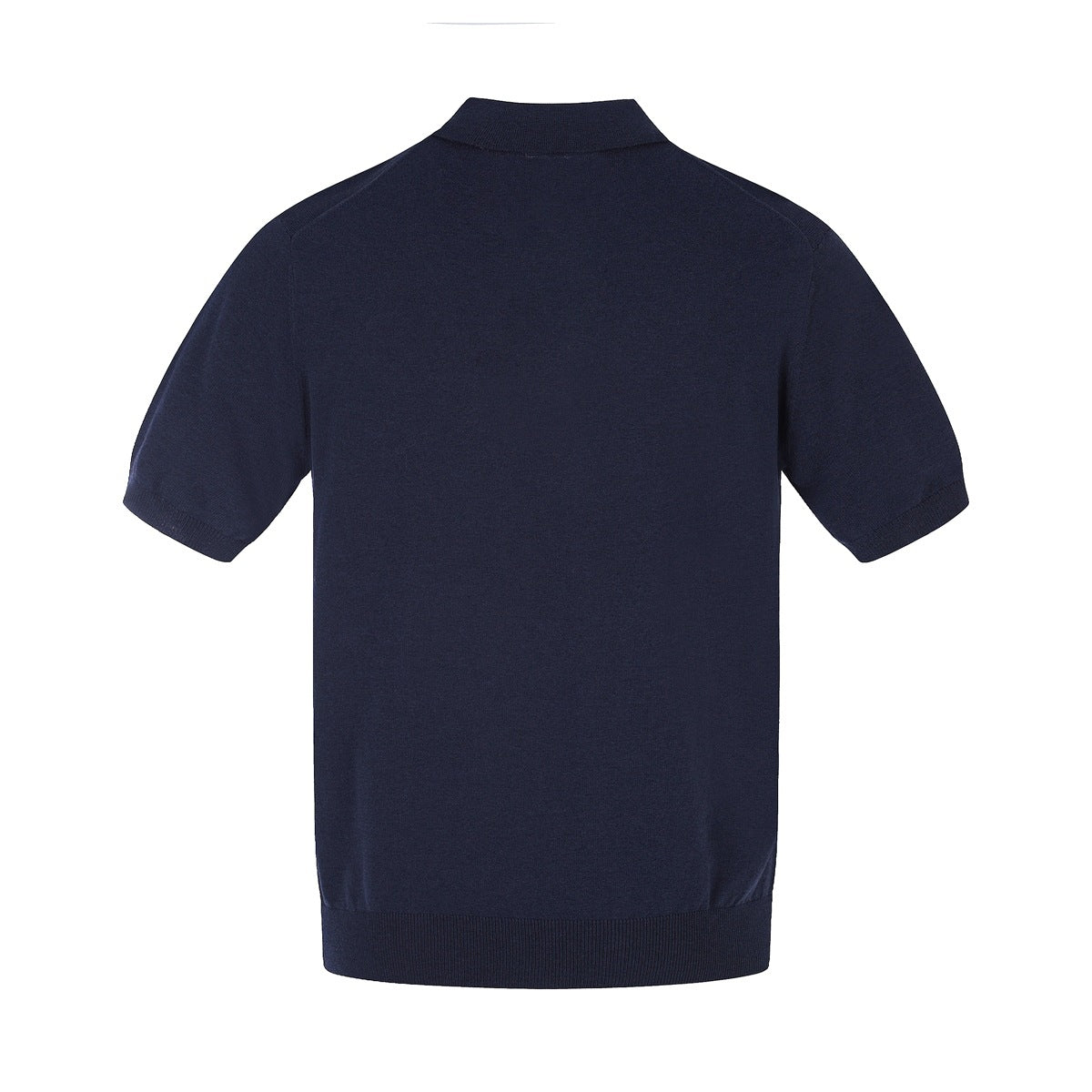 Back view of a plain navy short-sleeve knit polo top with a collar and ribbed hem and cuffs.
