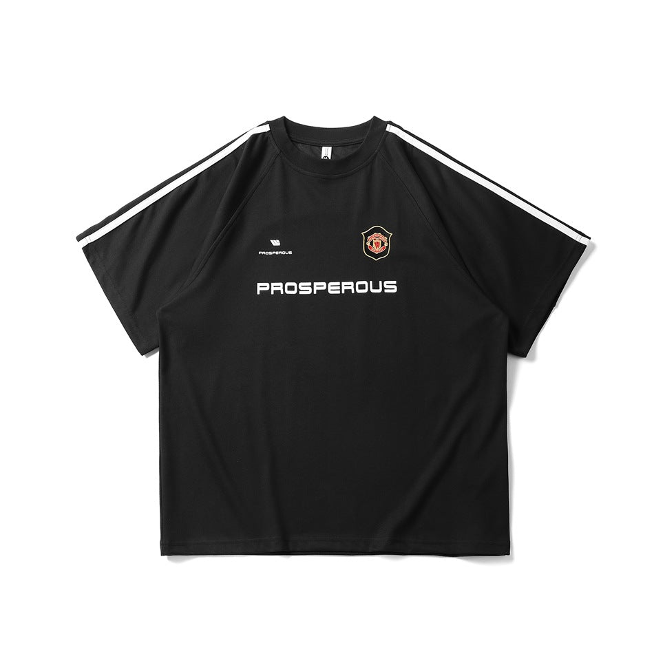 Black short-sleeve raglan T-shirt with white shoulder stripes, chest crest and PROSPEROUS print, front view