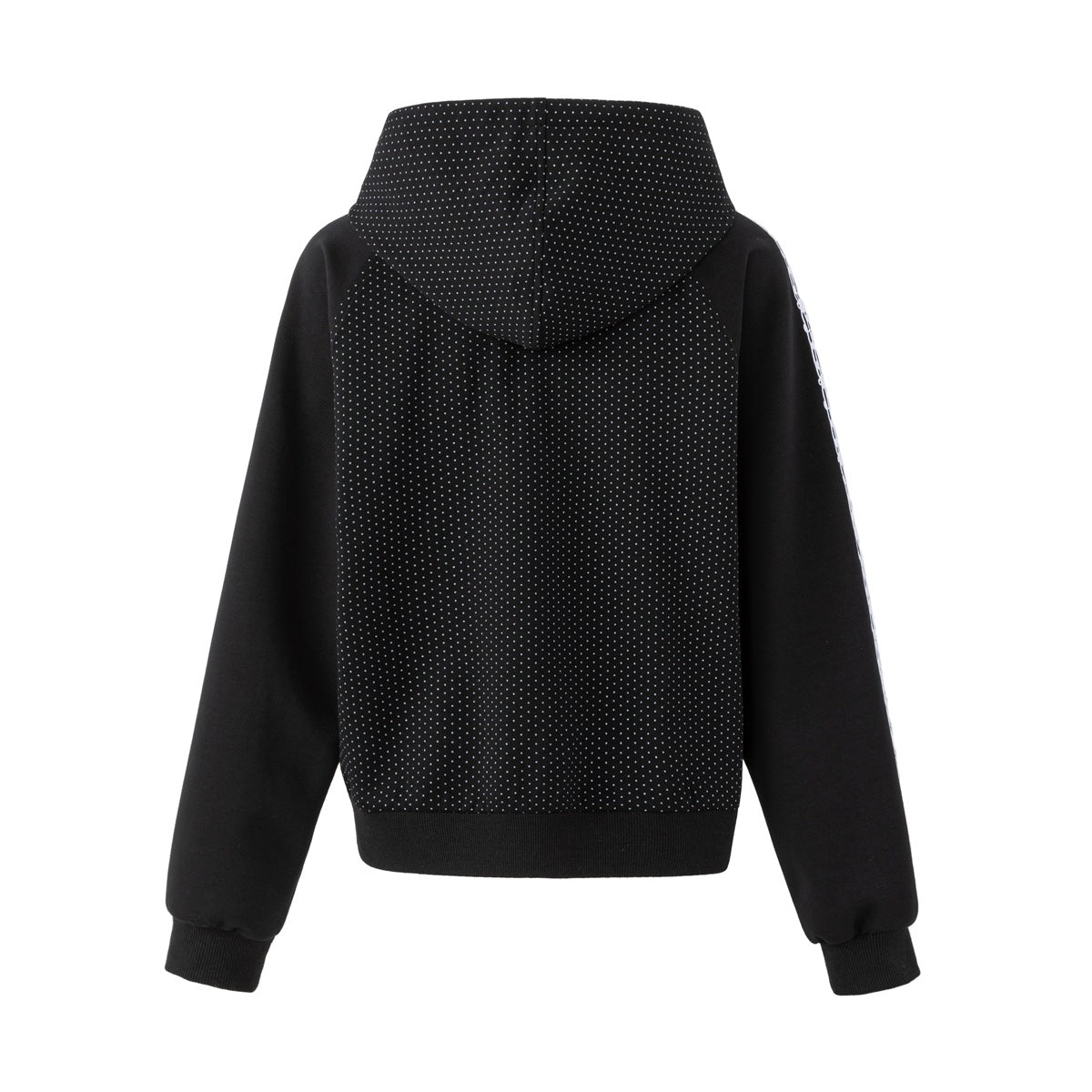 Back view of a black hooded jacket with tiny white dots, plain black sleeves, and ribbed cuffs and hem.