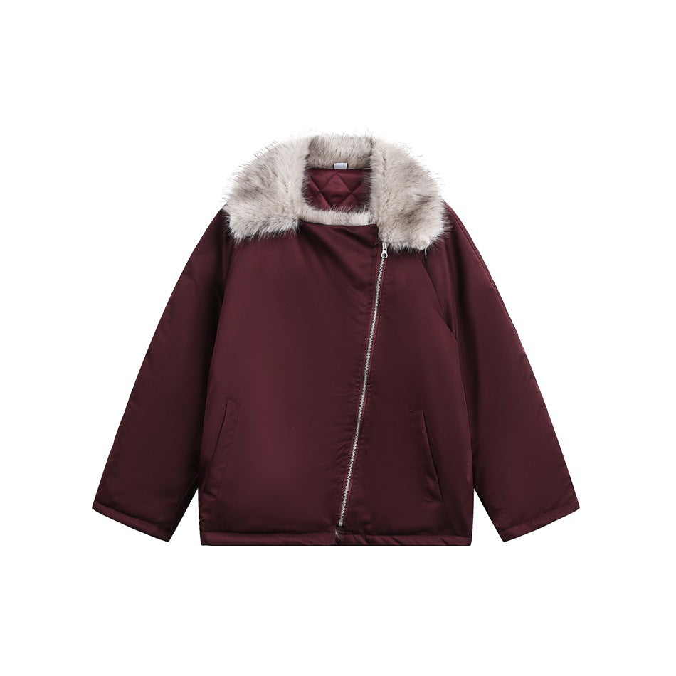 Burgundy padded jacket with a diagonal zipper, slanted pockets and a plush light taupe faux-fur-look collar, flat lay