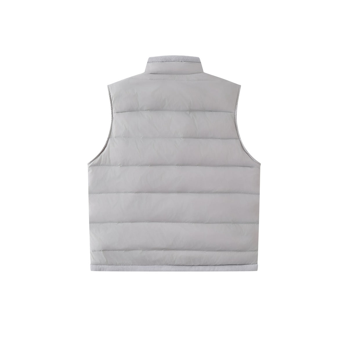Back view of a light gray sleeveless quilted vest with a stand collar and horizontal panels.