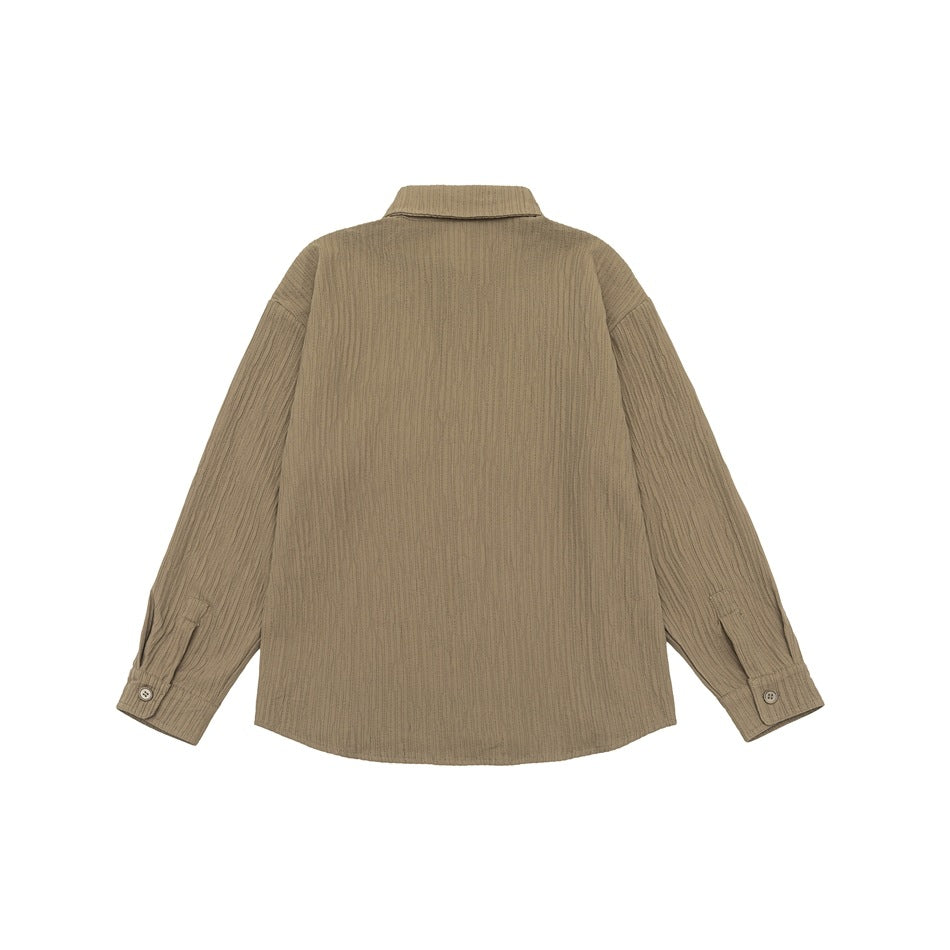 Back view of a taupe long-sleeve button-up shirt with a pointed collar and buttoned cuffs.