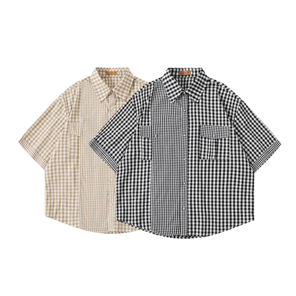 Two short-sleeve button-up shirts with chest pockets, shown in black-and-white and beige-and-white checks.