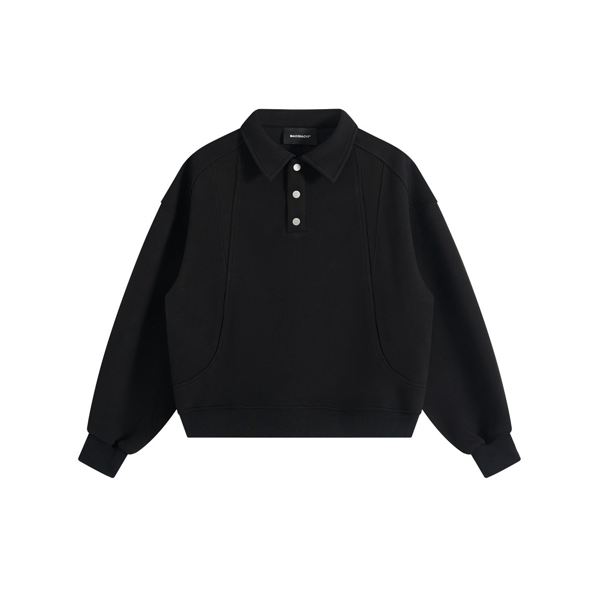 Black polo-collar sweatshirt with three snaps, curved front seams and ribbed cuffs, flat front view