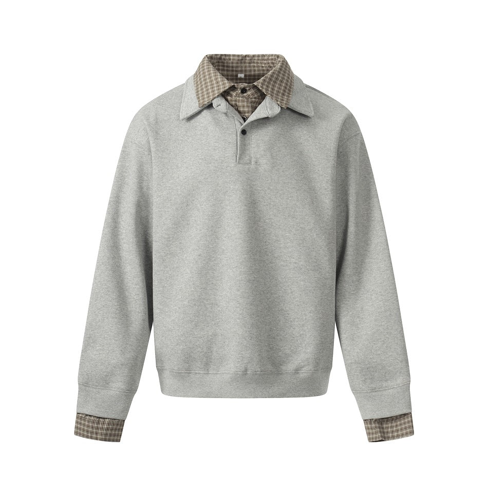 Gray pullover sweatshirt with plaid shirt collar and cuffs, two-button placket, front flat lay