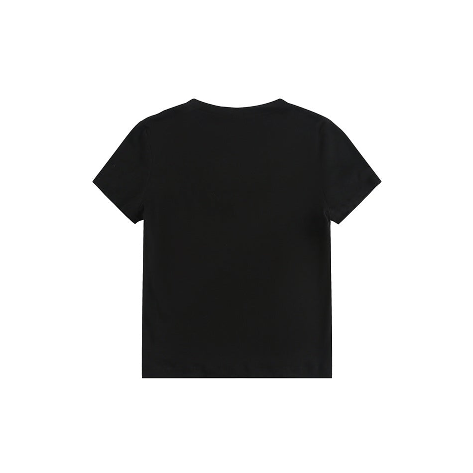 Back view of a plain black short-sleeve crew-neck T-shirt on a white background.