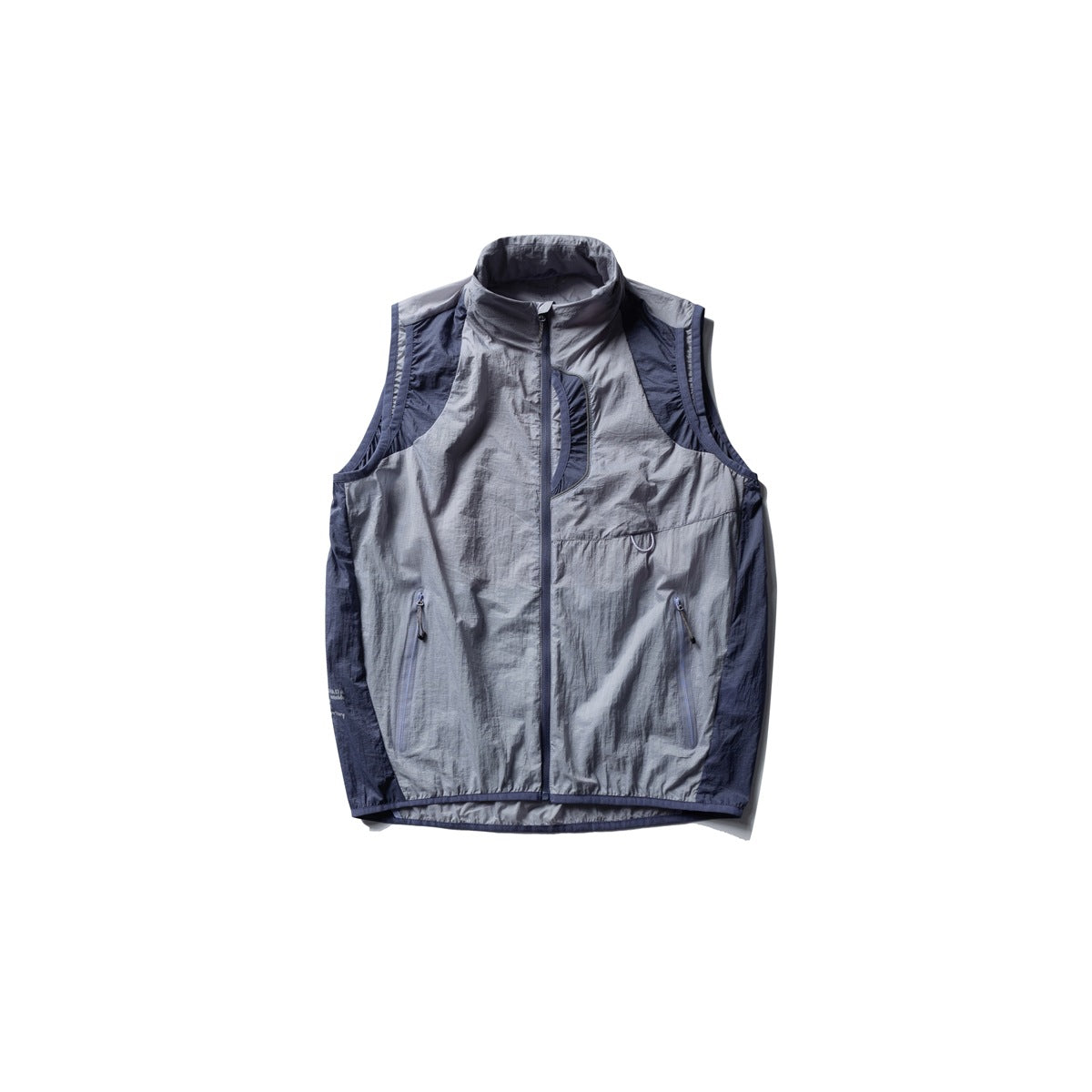 Front view of a gray-blue sleeveless vest with a high collar, navy side panels, and zippered pockets.