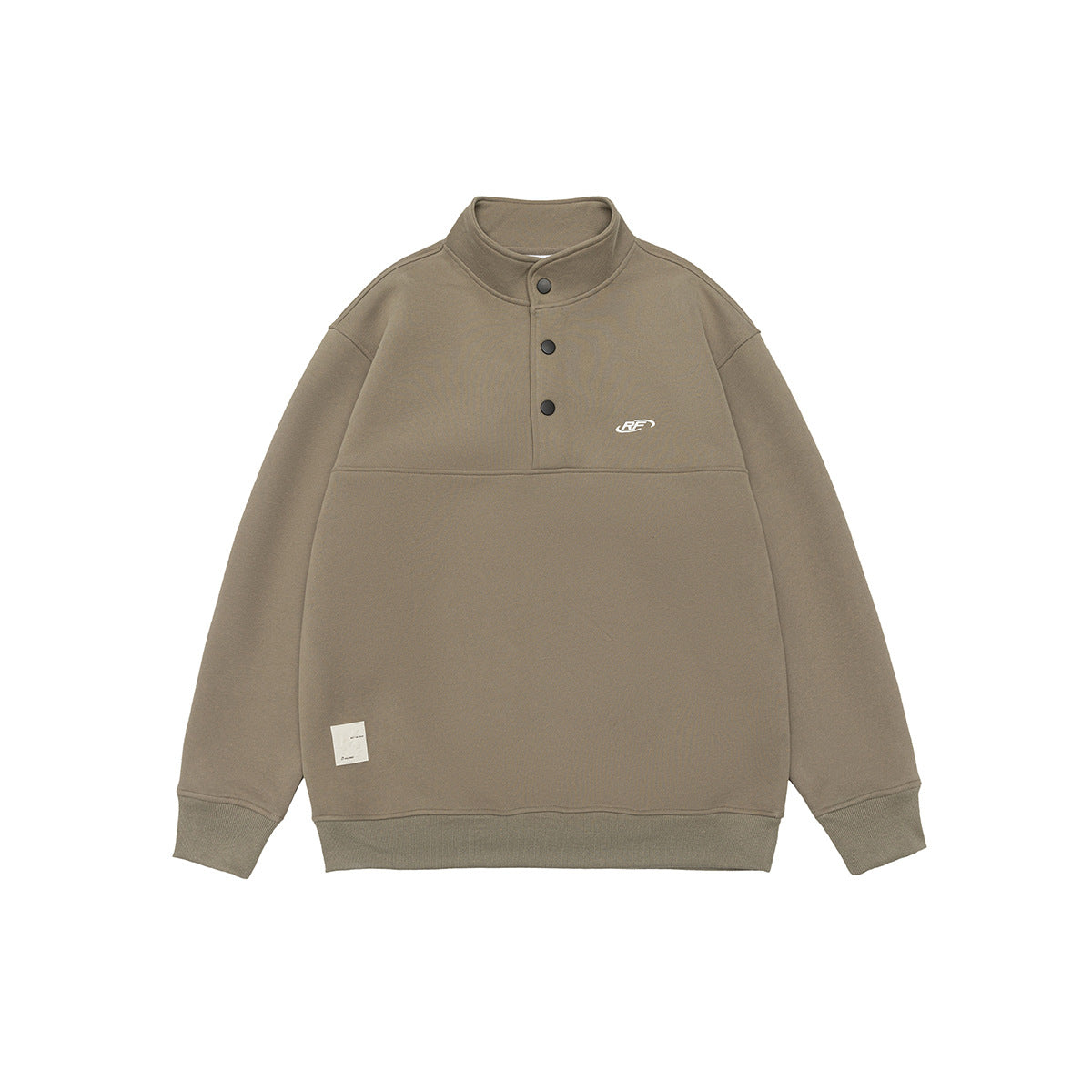 Khaki stand-collar snap-placket sweatshirt with chest seam, ribbed trim and small hem label, flat lay front view