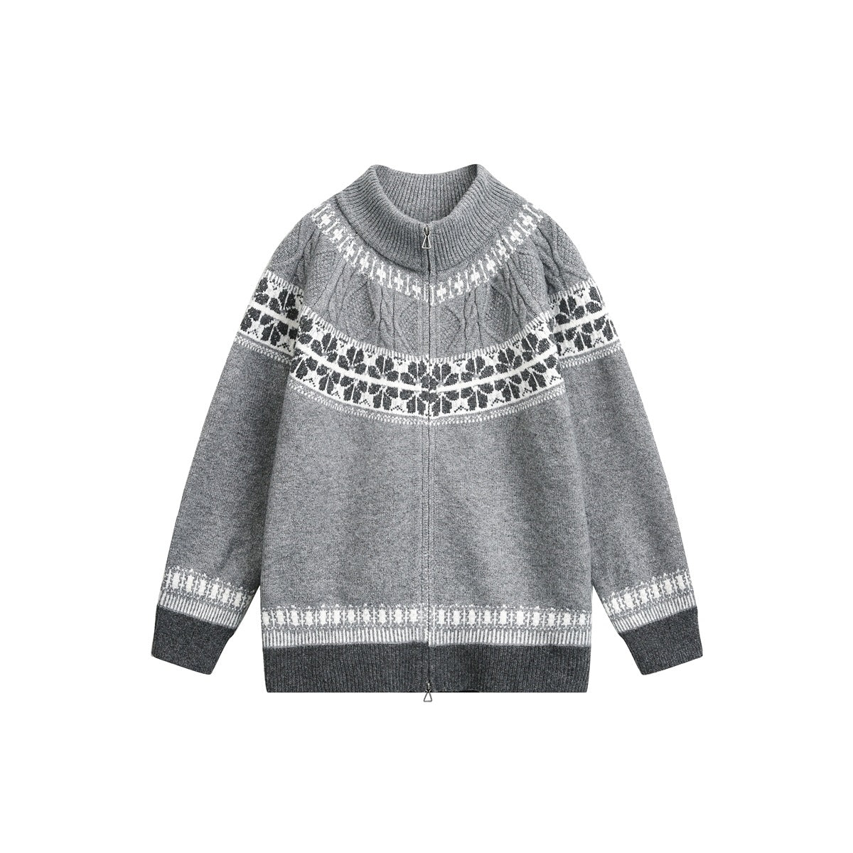 Light gray zip-front knit sweater with dark gray and white snowflake jacquard yoke, ribbed collar and dark gray cuffs