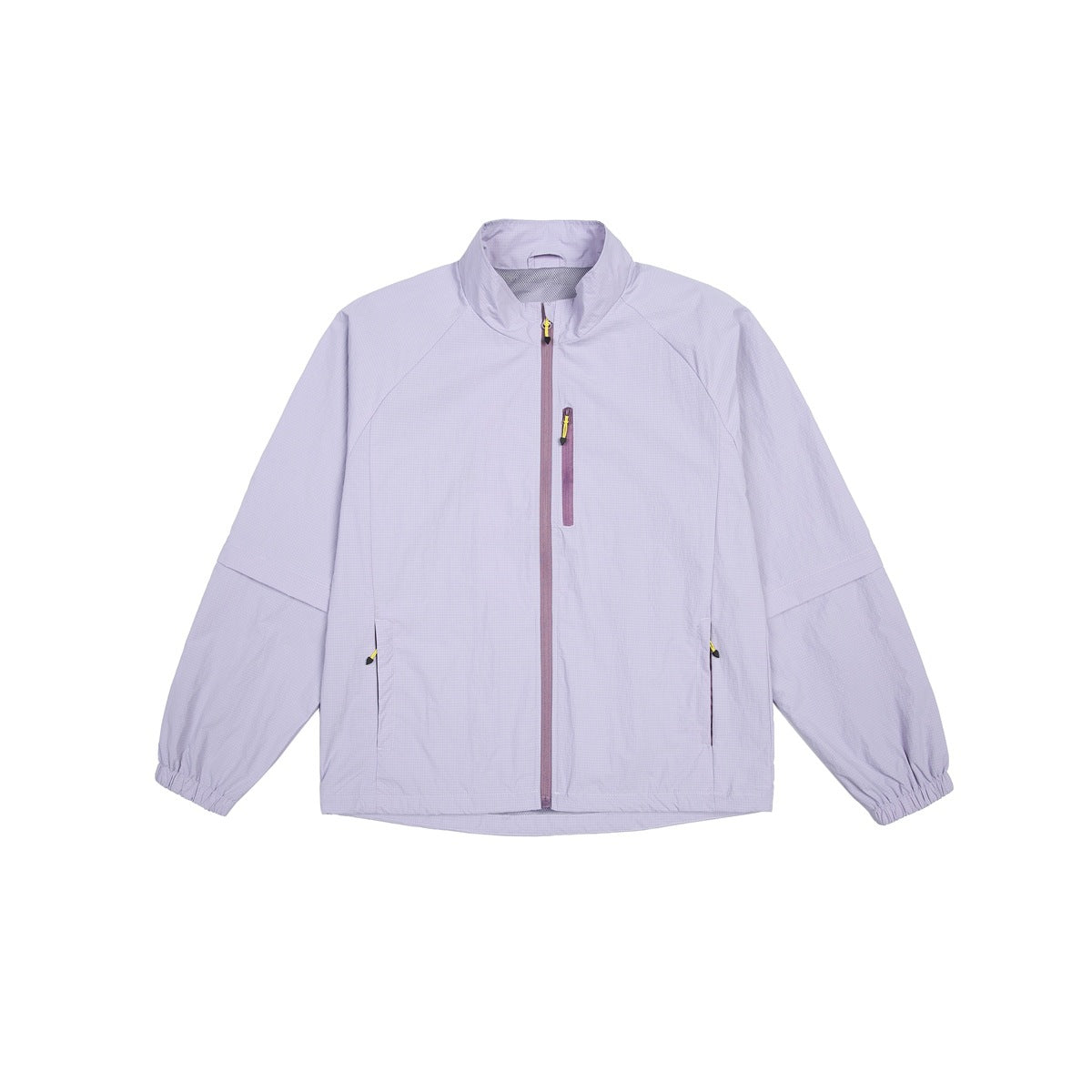 Light purple zip-up stand-collar jacket with plum front zipper and chest pocket, flat front view